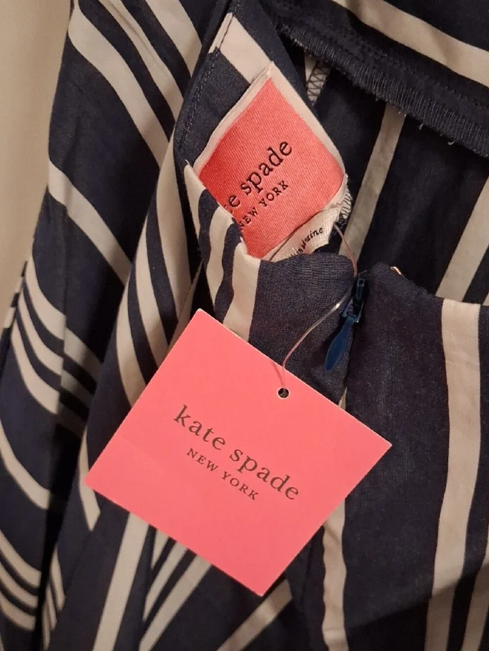 kate spade Navy and White Striped V‑Neck Midi Dress with Puff Sleeves